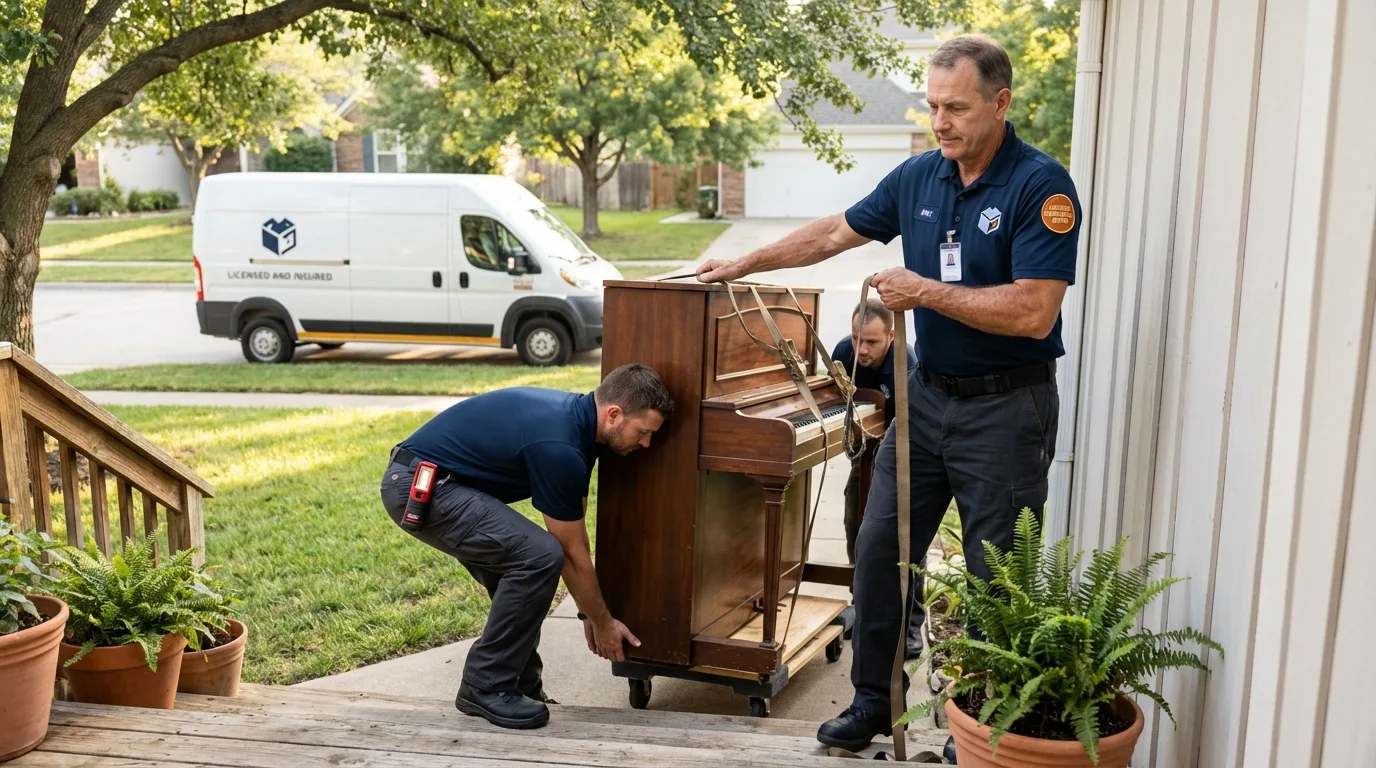 Licensed piano movers securing grand piano in Fishersville, VA