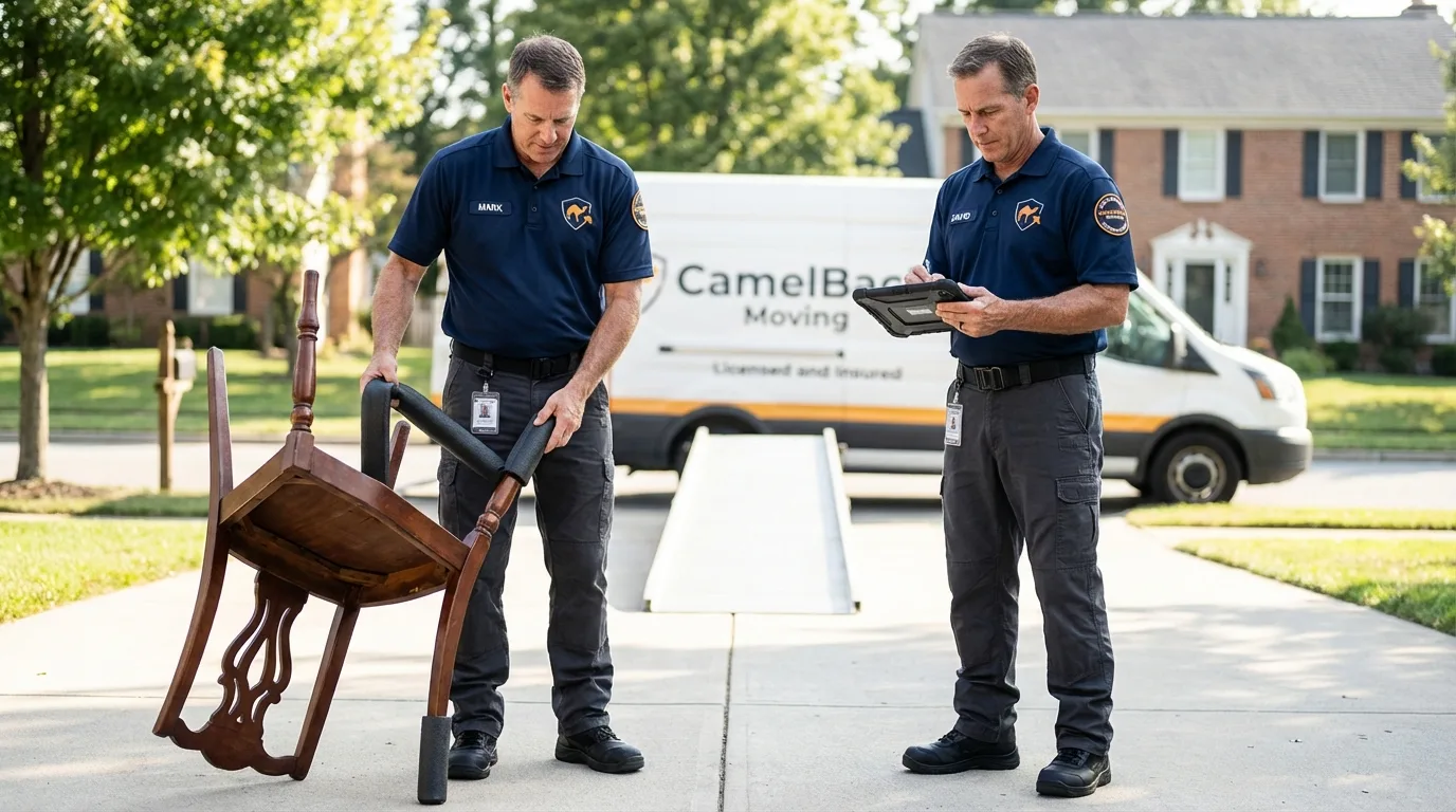 Movers inspecting furniture for damage prevention before loading in Fishersville, VA
