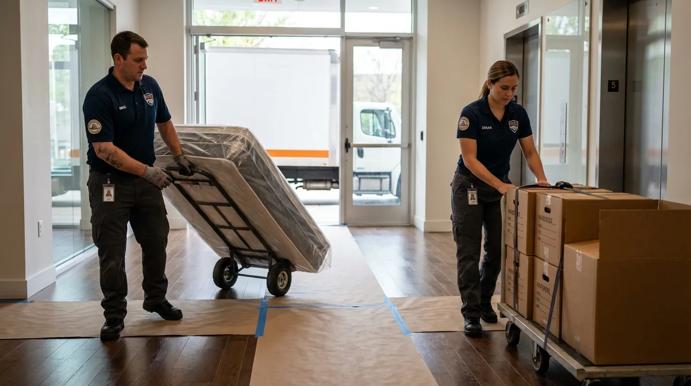 Professional apartment movers loading elevator in Fishersville, VA